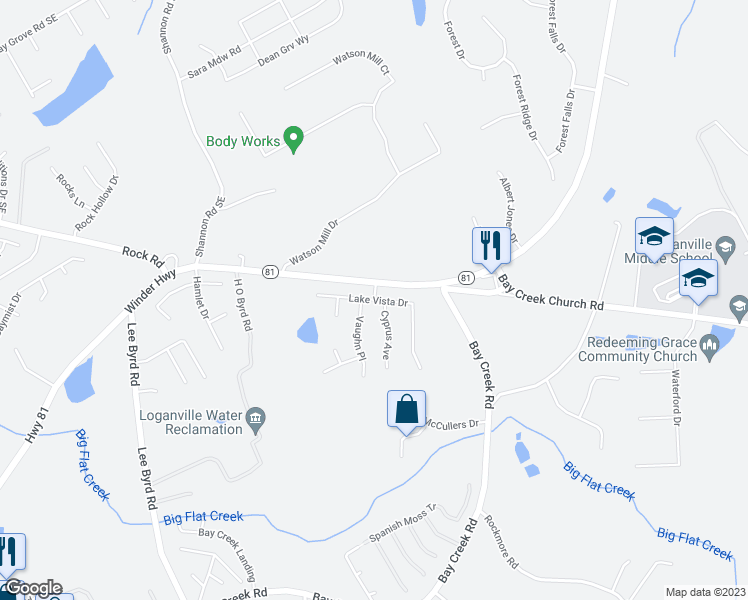 map of restaurants, bars, coffee shops, grocery stores, and more near Lake Vista Drive in Loganville