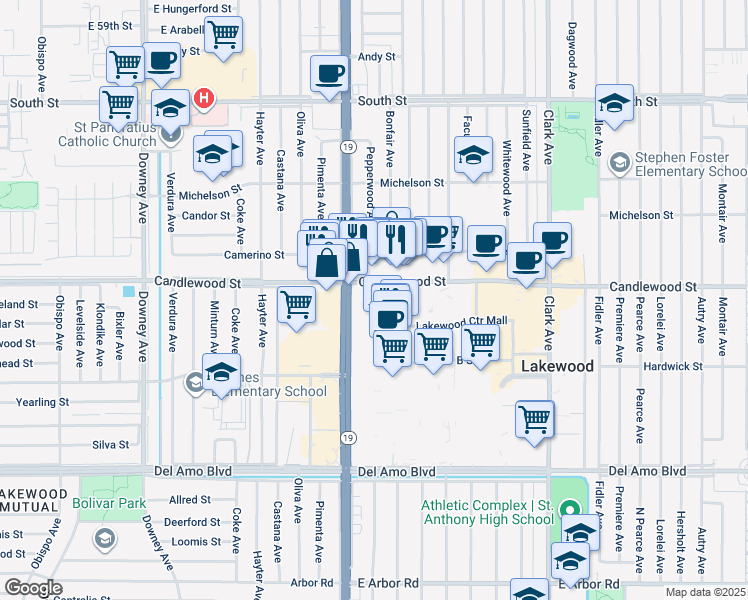 map of restaurants, bars, coffee shops, grocery stores, and more near 6034 Pepperwood Avenue in Lakewood