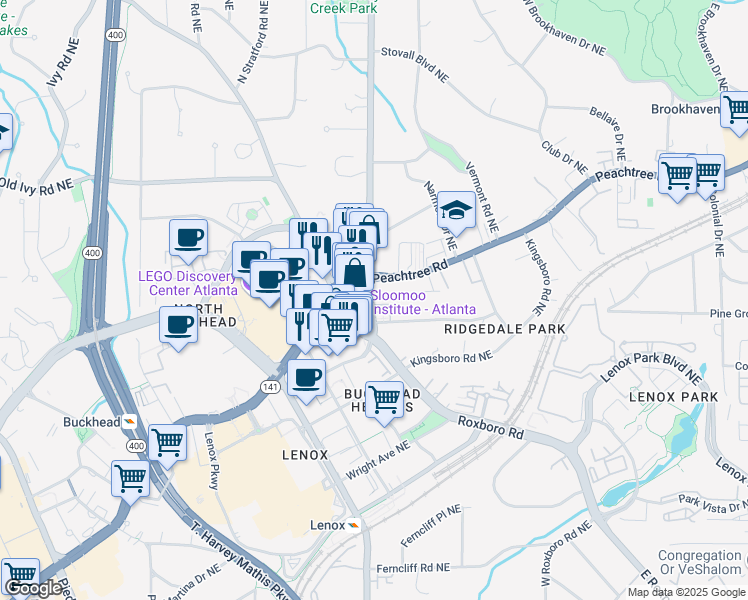 map of restaurants, bars, coffee shops, grocery stores, and more near 3607 Roxboro Road in Atlanta