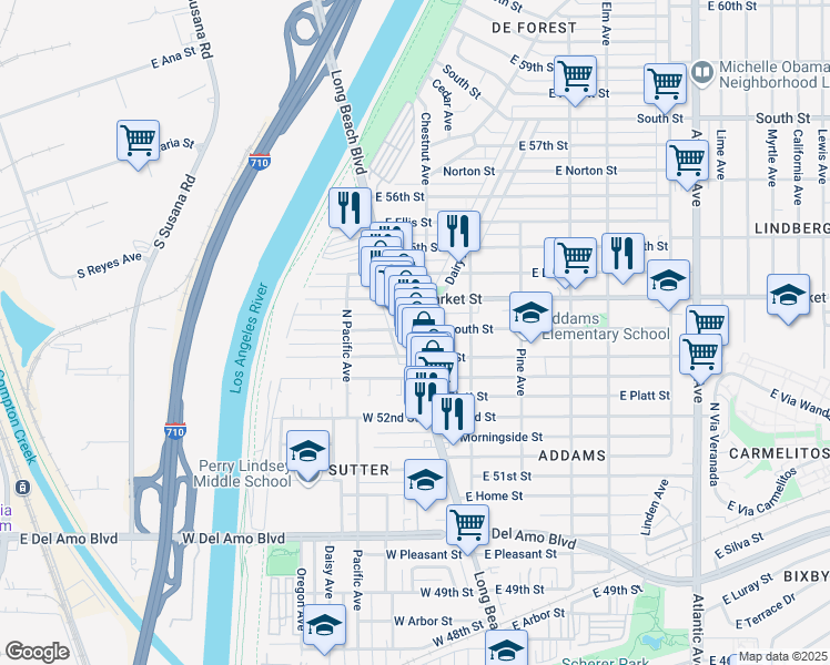 map of restaurants, bars, coffee shops, grocery stores, and more near 13 East Plymouth Street in Long Beach