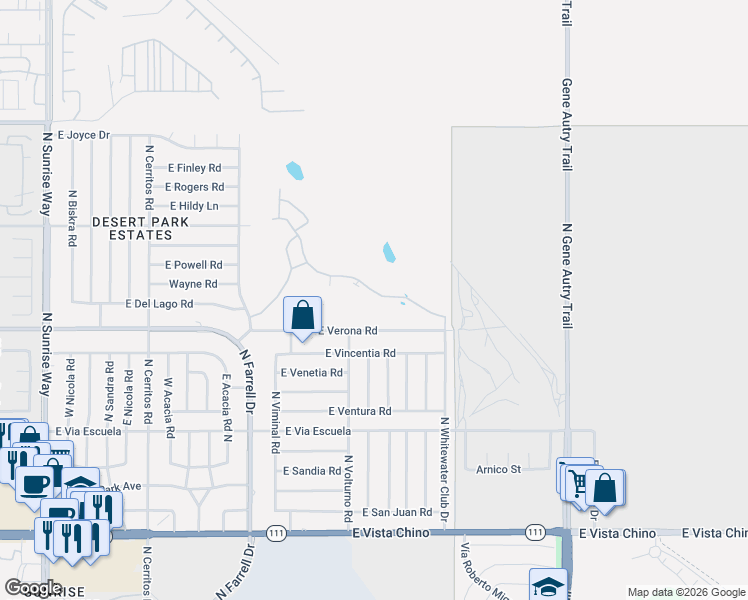 map of restaurants, bars, coffee shops, grocery stores, and more near 2521 North Whitewater Club Drive in Palm Springs