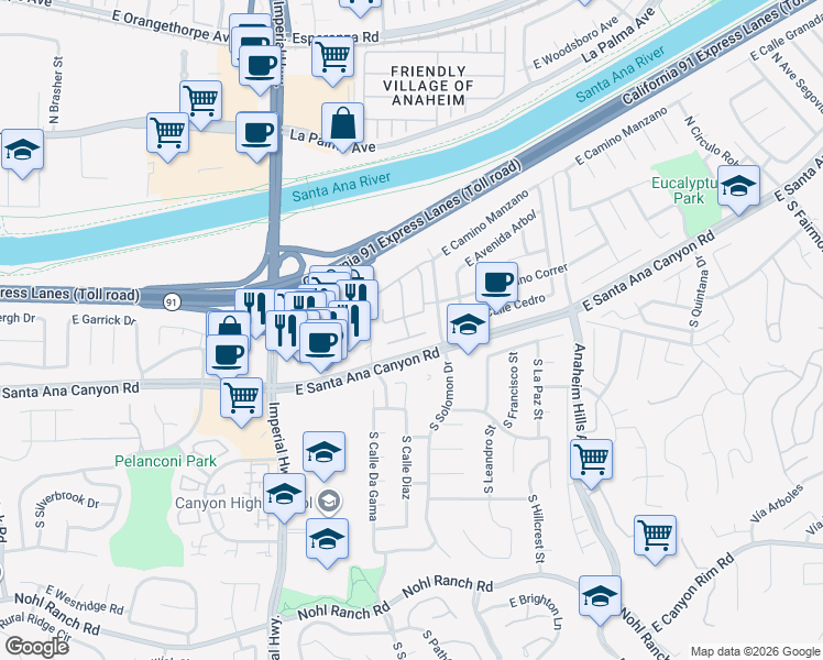 map of restaurants, bars, coffee shops, grocery stores, and more near 5859 East Treehouse Lane in Anaheim