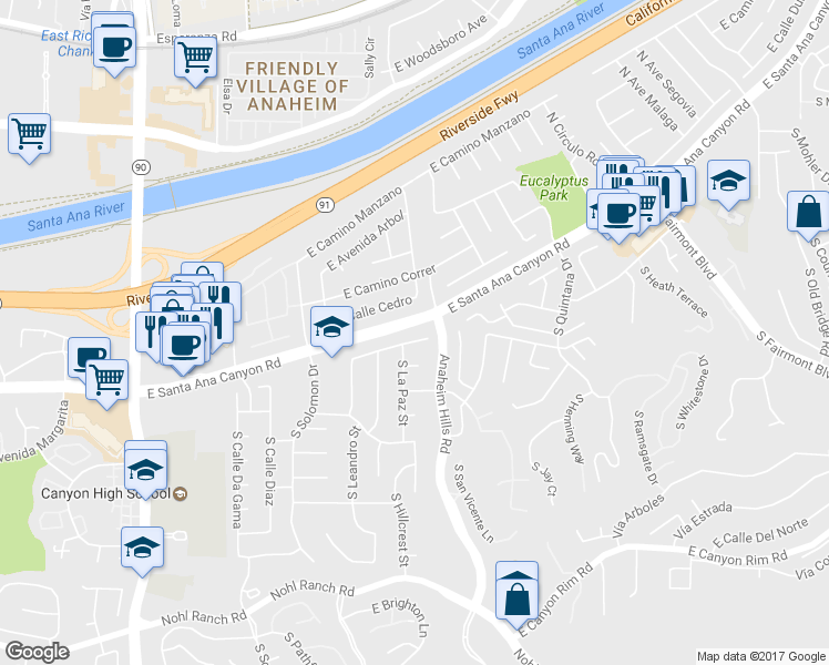 map of restaurants, bars, coffee shops, grocery stores, and more near 6081 East Prado Street in Anaheim