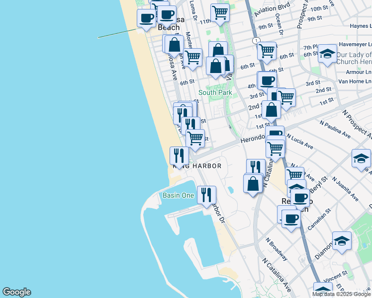 map of restaurants, bars, coffee shops, grocery stores, and more near 36 The Strand in Hermosa Beach