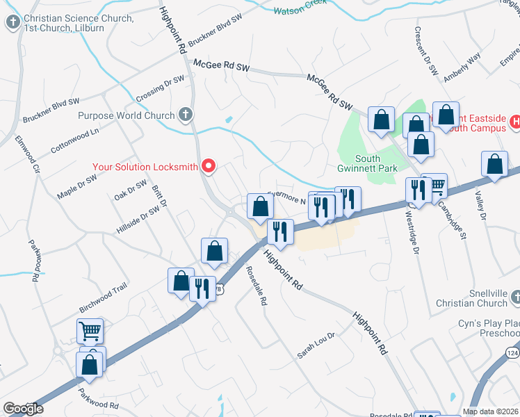 map of restaurants, bars, coffee shops, grocery stores, and more near Wildberry Run Lane in Snellville