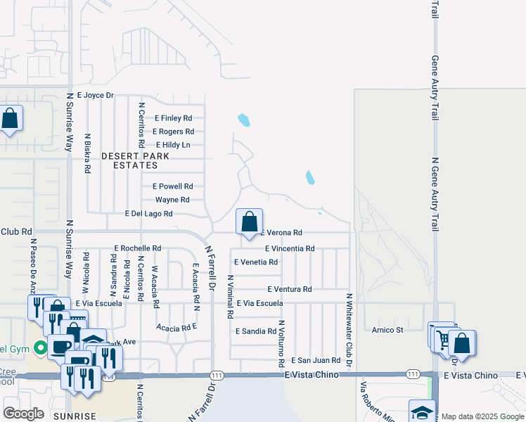 map of restaurants, bars, coffee shops, grocery stores, and more near 2567 North Whitewater Club Drive in Palm Springs
