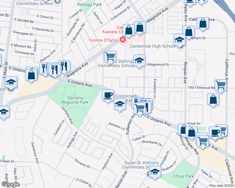 map of restaurants, bars, coffee shops, grocery stores, and more near 769 Yorkshire Way in Corona