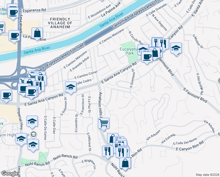 map of restaurants, bars, coffee shops, grocery stores, and more near 6124 East Baja Drive in Anaheim