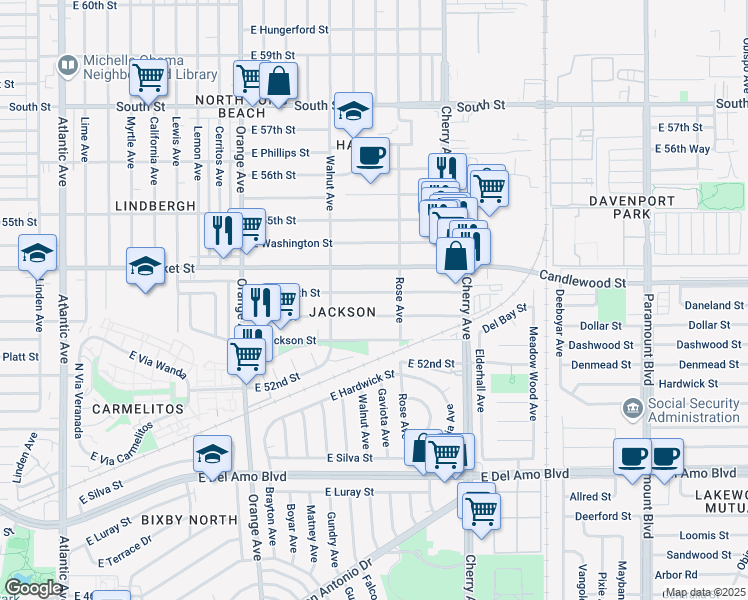 map of restaurants, bars, coffee shops, grocery stores, and more near 1690 East Plymouth Street in Long Beach