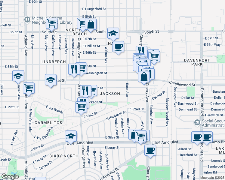 map of restaurants, bars, coffee shops, grocery stores, and more near 1615 East Plymouth Street in Long Beach