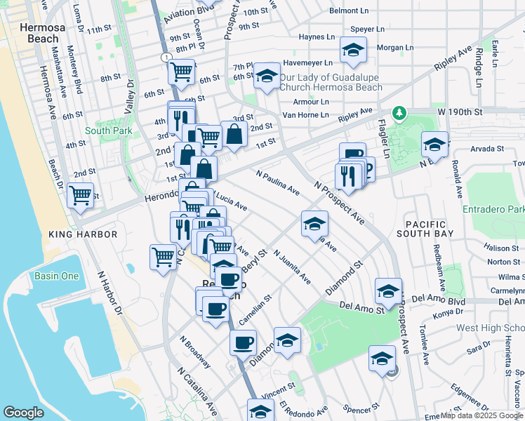 map of restaurants, bars, coffee shops, grocery stores, and more near 801 North Maria Avenue in Redondo Beach