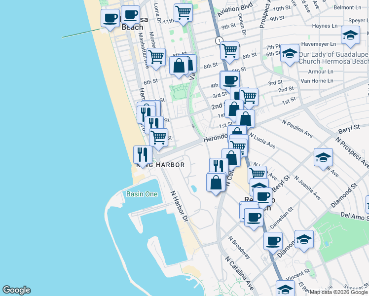 map of restaurants, bars, coffee shops, grocery stores, and more near 415 Herondo Street in Hermosa Beach
