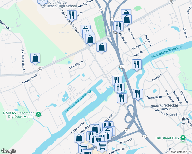 map of restaurants, bars, coffee shops, grocery stores, and more near 4380 Sea Mountain Highway in Little River
