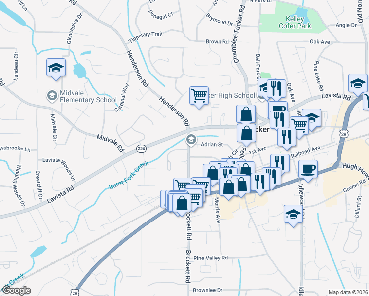 map of restaurants, bars, coffee shops, grocery stores, and more near 2348 Brockett Road in Tucker