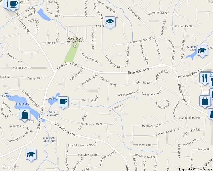map of restaurants, bars, coffee shops, grocery stores, and more near 2324 Bry Mar Drive Northeast in Atlanta