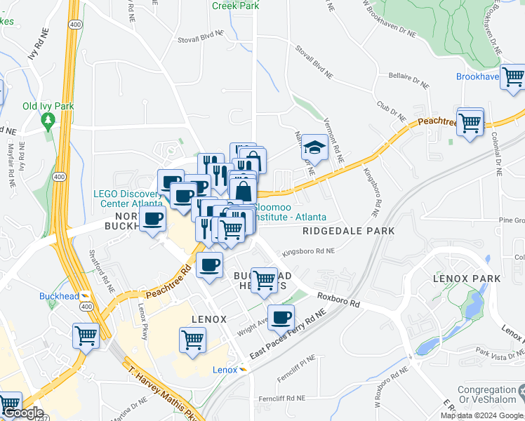 map of restaurants, bars, coffee shops, grocery stores, and more near 3649 Peachtree Road Northeast in Atlanta