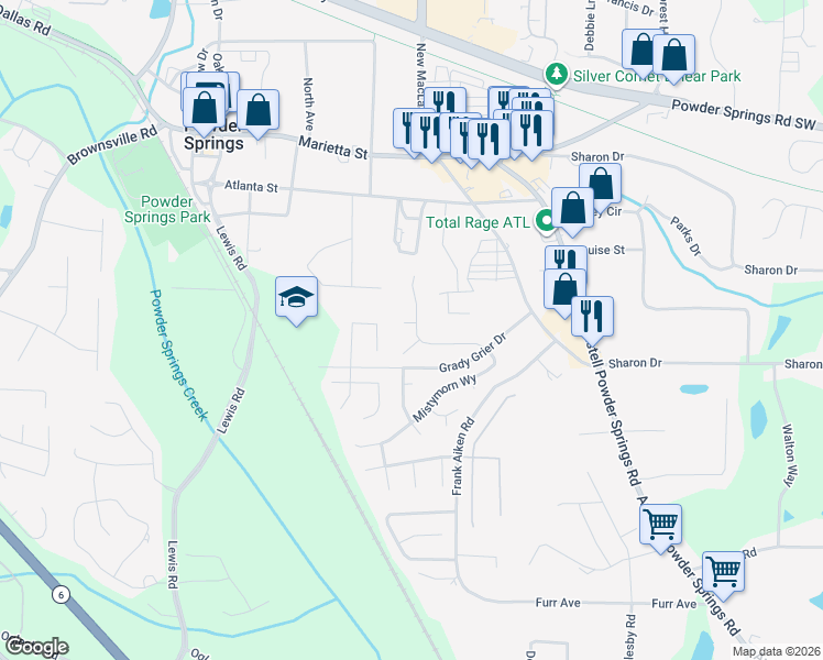 map of restaurants, bars, coffee shops, grocery stores, and more near 3901 Mistymorn Place in Powder Springs