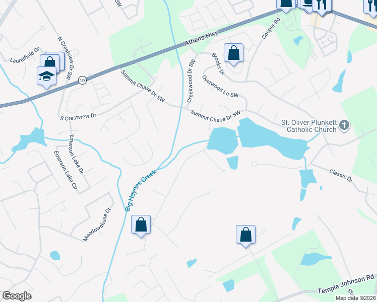 map of restaurants, bars, coffee shops, grocery stores, and more near 1525 Timberline Trce in Snellville