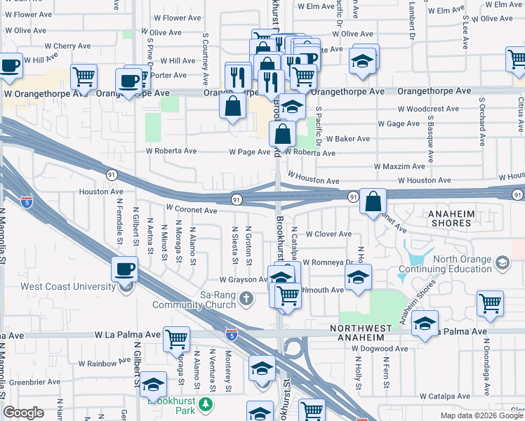 map of restaurants, bars, coffee shops, grocery stores, and more near 2215 West Coronet Avenue in Anaheim