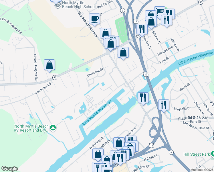 map of restaurants, bars, coffee shops, grocery stores, and more near 100 Bridgeway Drive in Little River