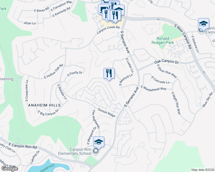 map of restaurants, bars, coffee shops, grocery stores, and more near 7905 East Viewrim Drive in Anaheim