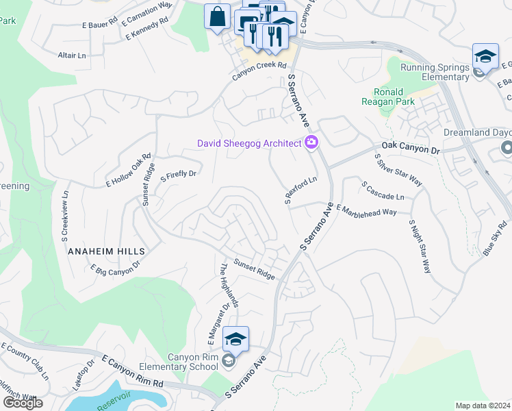 map of restaurants, bars, coffee shops, grocery stores, and more near 7919 East Quinn Drive in Anaheim
