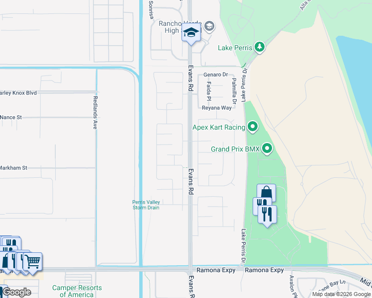 map of restaurants, bars, coffee shops, grocery stores, and more near 4484 Almaterra Drive in Perris