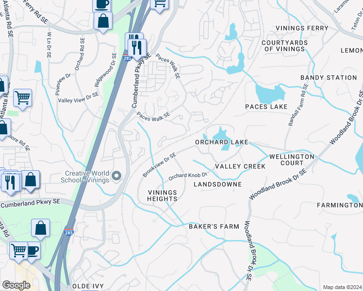 map of restaurants, bars, coffee shops, grocery stores, and more near 4140 Brookview Drive Southeast in Atlanta