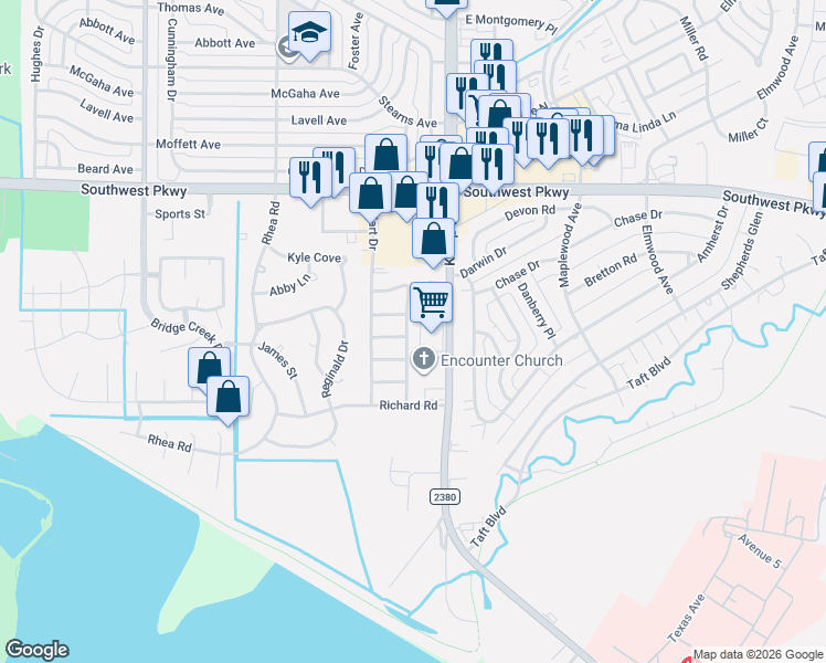 map of restaurants, bars, coffee shops, grocery stores, and more near 2801 Blanco Street in Wichita Falls