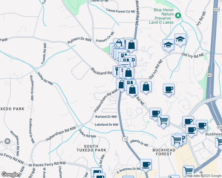 map of restaurants, bars, coffee shops, grocery stores, and more near 3636 Habersham Road Northwest in Atlanta