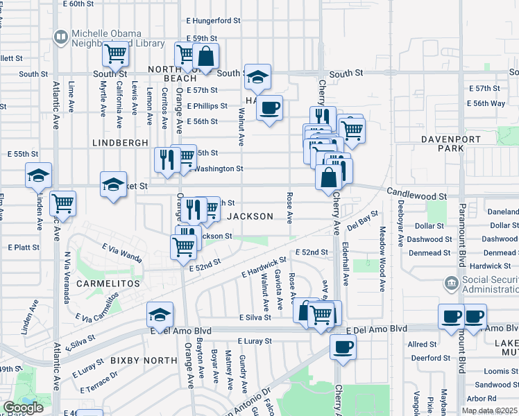 map of restaurants, bars, coffee shops, grocery stores, and more near 1648 East Plymouth Street in Long Beach