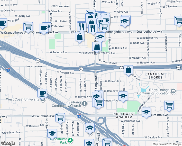 map of restaurants, bars, coffee shops, grocery stores, and more near 2215 West Coronet Avenue in Anaheim