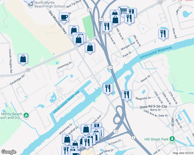 map of restaurants, bars, coffee shops, grocery stores, and more near 4425 Sea Mountain Highway in Little River