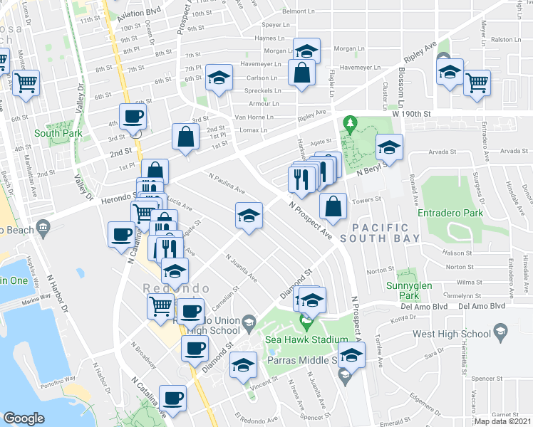 map of restaurants, bars, coffee shops, grocery stores, and more near 631 North Paulina Avenue in Redondo Beach