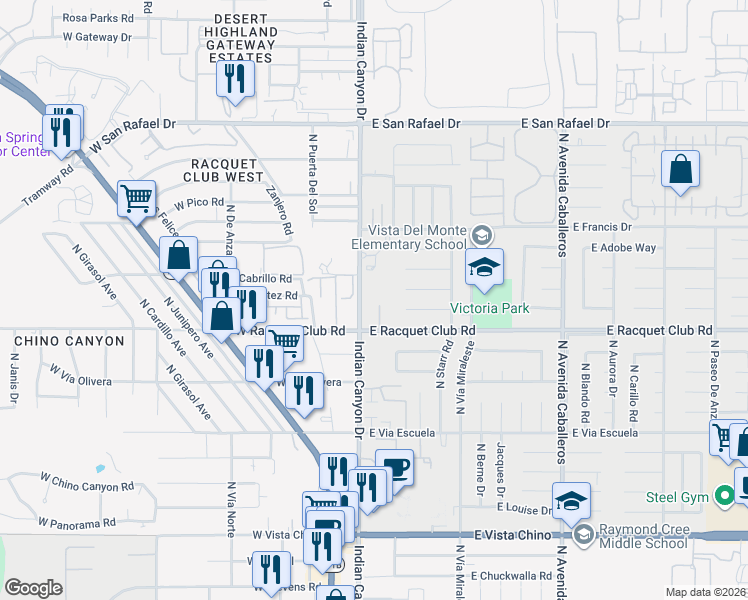 map of restaurants, bars, coffee shops, grocery stores, and more near 200 East Racquet Club Road in Palm Springs