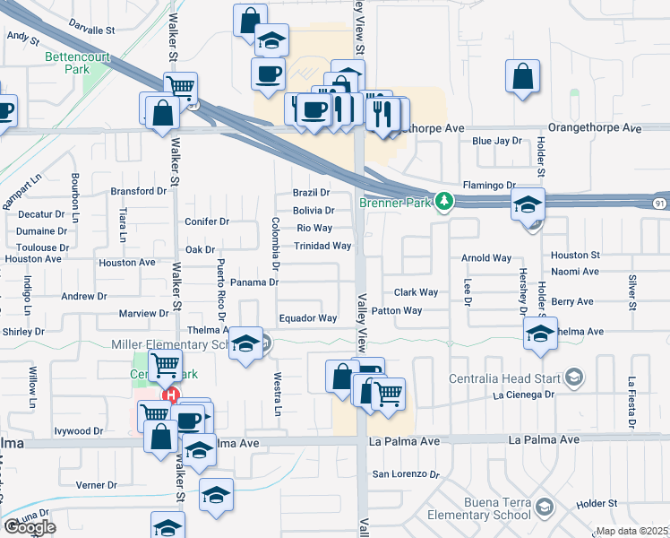 map of restaurants, bars, coffee shops, grocery stores, and more near 5896 Honduras Way in Buena Park