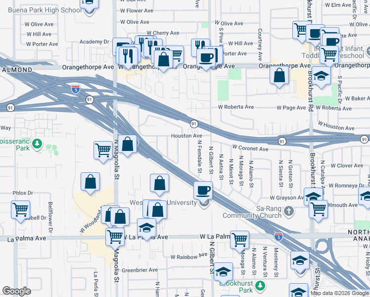 map of restaurants, bars, coffee shops, grocery stores, and more near 1339 North Devonshire Road in Anaheim