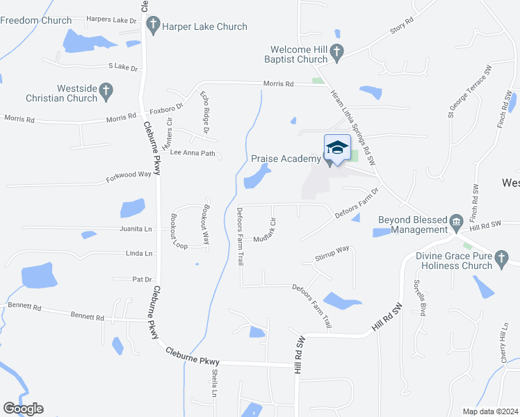 map of restaurants, bars, coffee shops, grocery stores, and more near 4241 Defoors Farm Trail in Powder Springs