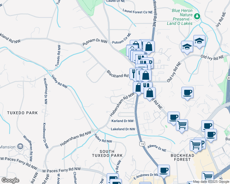 map of restaurants, bars, coffee shops, grocery stores, and more near 63 Habersham Cove Lane Northwest in Atlanta