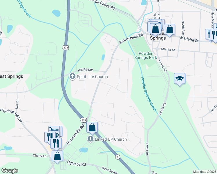 map of restaurants, bars, coffee shops, grocery stores, and more near 4671 Woodbridge Dr in Powder Springs