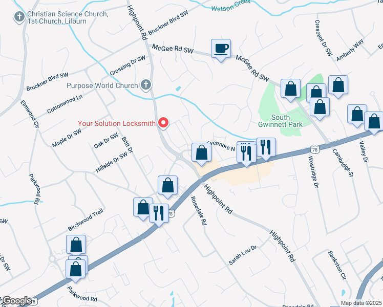 map of restaurants, bars, coffee shops, grocery stores, and more near 2442 Turnbury Glen Walk Southwest in Snellville
