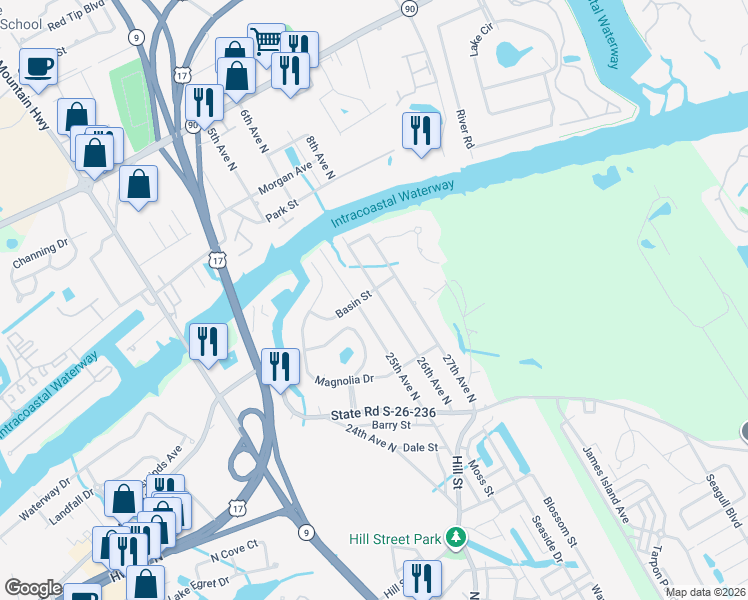 map of restaurants, bars, coffee shops, grocery stores, and more near 1621 26th Avenue North in North Myrtle Beach