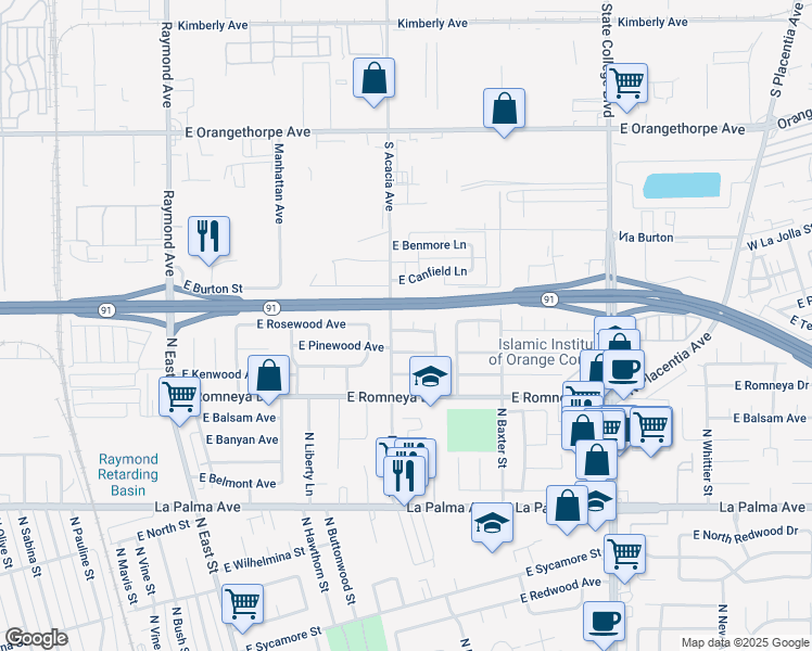 map of restaurants, bars, coffee shops, grocery stores, and more near 1313 North Crestlane Place in Anaheim