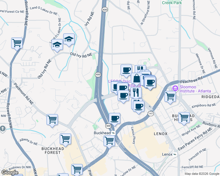 map of restaurants, bars, coffee shops, grocery stores, and more near 3415 Alexander Circle Northeast in Atlanta