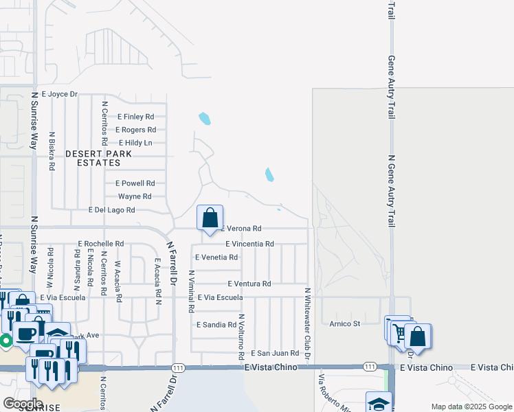 map of restaurants, bars, coffee shops, grocery stores, and more near 2521 North Whitewater Club Drive in Palm Springs
