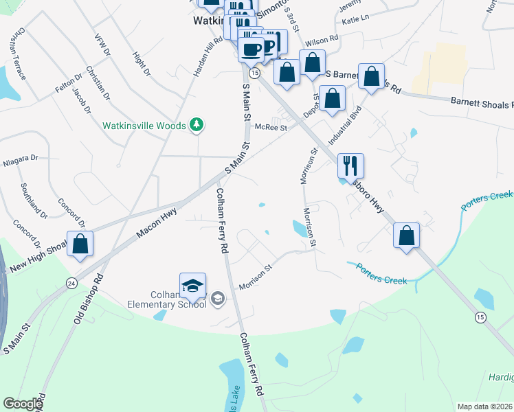 map of restaurants, bars, coffee shops, grocery stores, and more near 118 Colham Ferry Road in Watkinsville