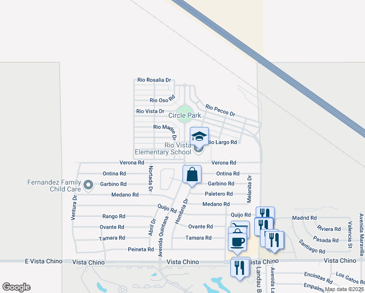 map of restaurants, bars, coffee shops, grocery stores, and more near 26843 Avenida Quintana in Cathedral City
