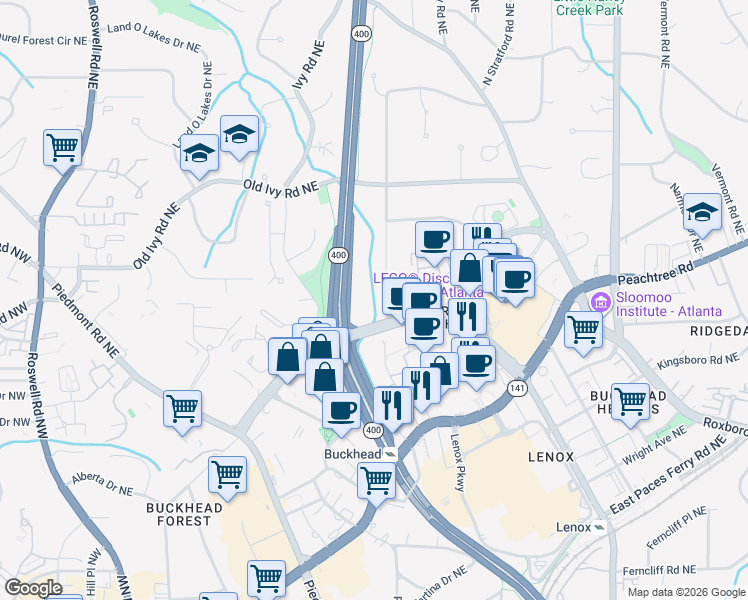 map of restaurants, bars, coffee shops, grocery stores, and more near 3612 North Stratford Road Northeast in Atlanta