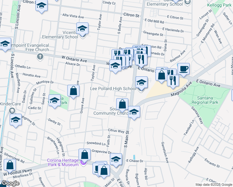 map of restaurants, bars, coffee shops, grocery stores, and more near 315 Nanners Way in Corona