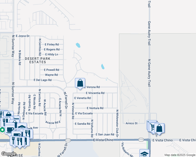 map of restaurants, bars, coffee shops, grocery stores, and more near 2521 North Whitewater Club Drive in Palm Springs